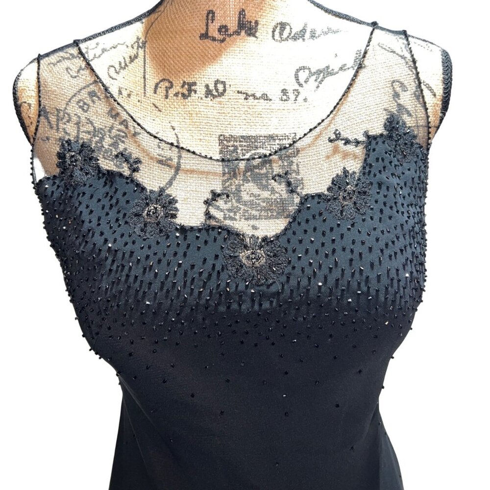 Vintage Jovani Black Beaded Lace Slip Dress w Sheer Floral Hem Size 6 - Picture 3 of 11